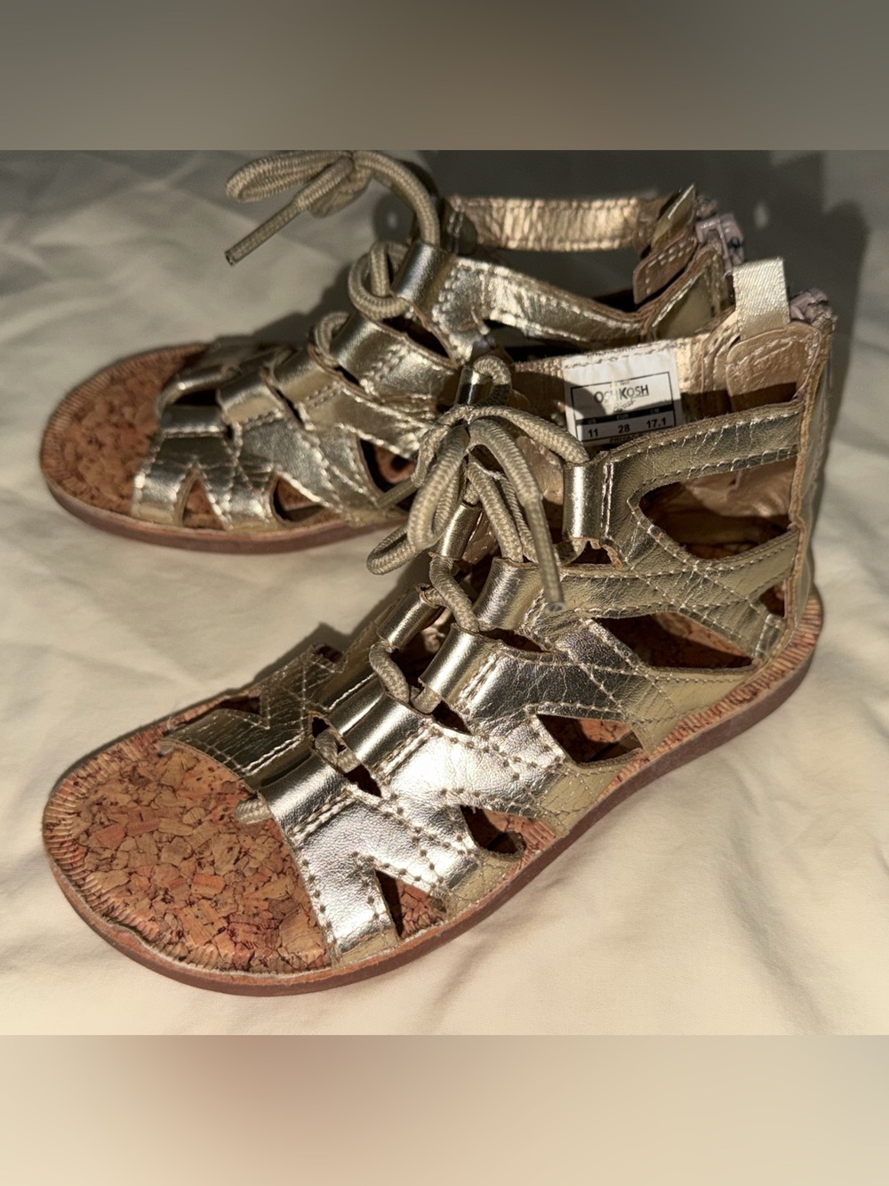 Toddler Girls Oshkosh Bgosh Gold Gladiator Lace Up Back Zip Sandals Flat Sz 11